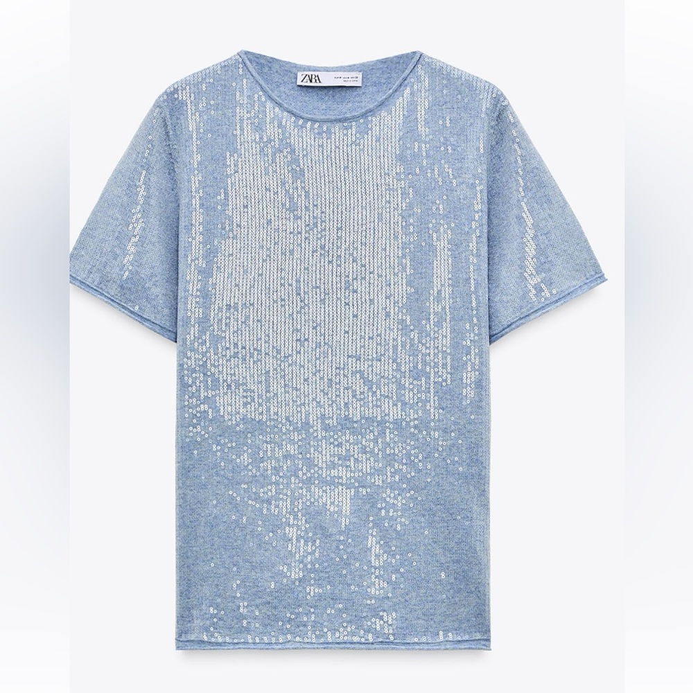 Zara Light Blue Sequin Knit Top Short Sleeve XS